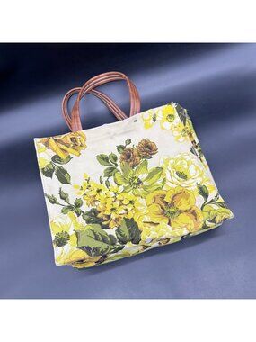 Vintage Floral Canvas Tote Bag Top Handle Purse Handbag Yellow Rose Mid Century